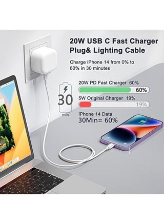 شاحن ايفون 20 واط سريع للغاية من أبل – طقم شحن كامل مع كابل USB-C إلى لايتنينغ بطول 1 متر، متوافق مع آيفون 14 إلى آيفون X وآيباد، يدعم الشحن فائق السرعة - view 2